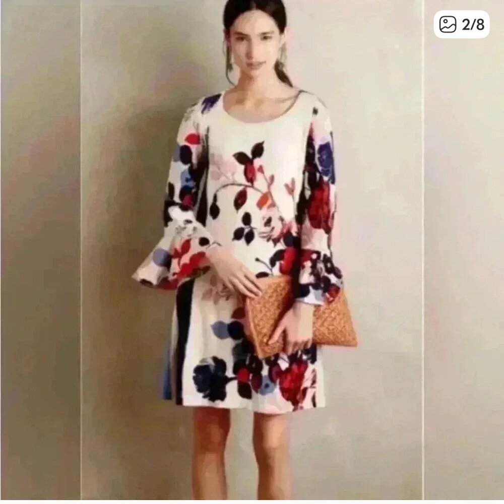 Maeve Anthropologie Blue Red Off-white Floral Print Bell-Sleeve Shift Dress S